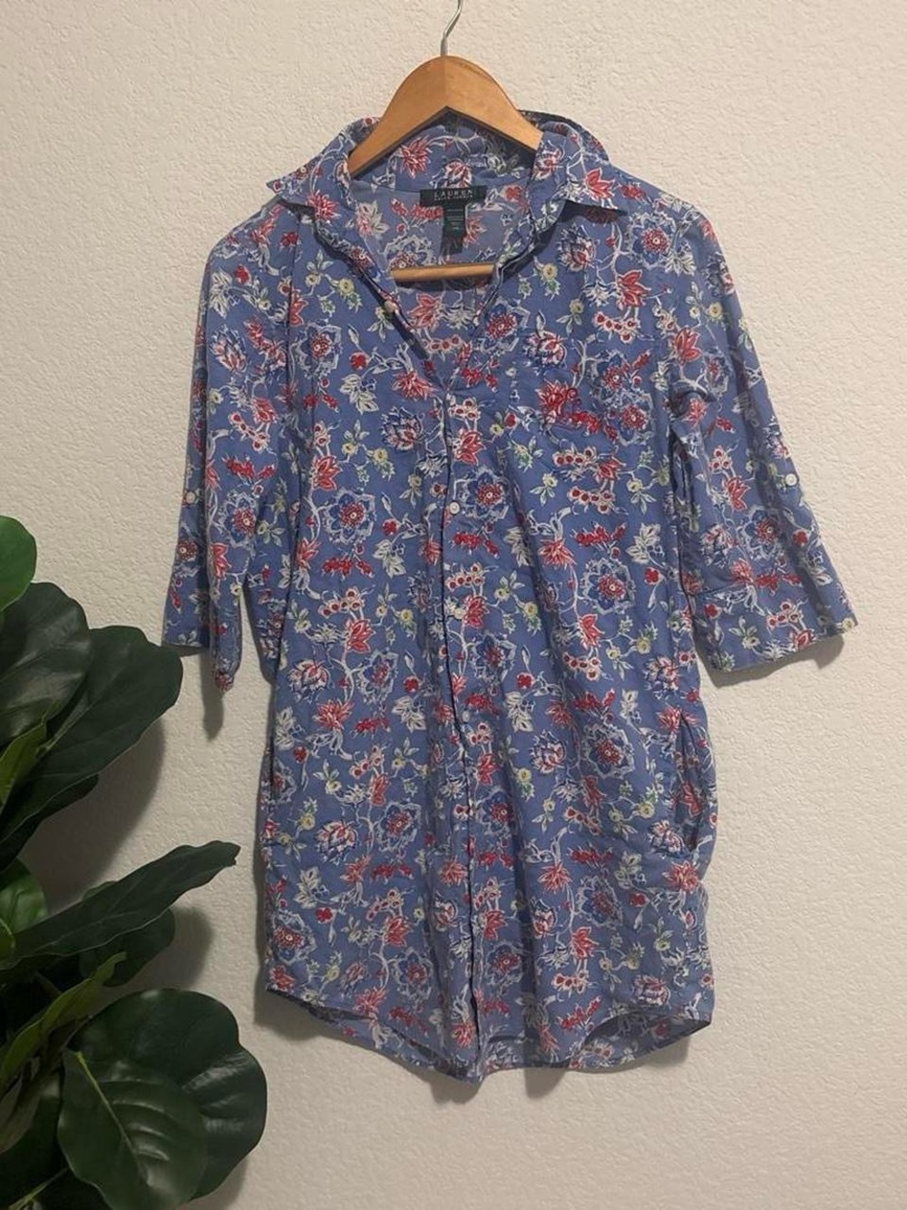 Ralph Lauren Blue Floral Short-Sleeve Button Front pajama night shirt dress XS